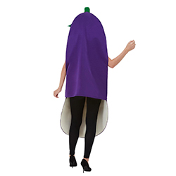 Aubergine costume with green top.
