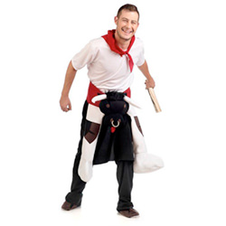 A man wearing the bull runner costume.