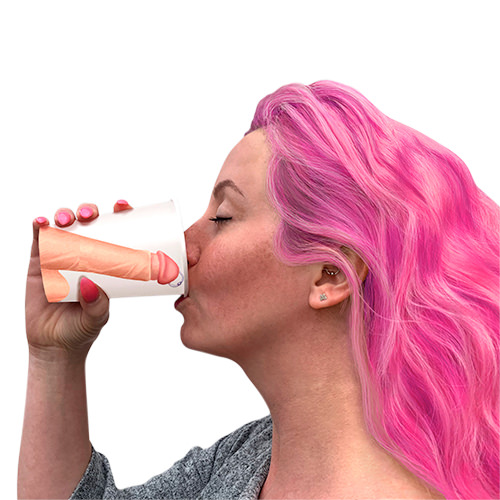 A model with pink hair drinking from the cup.