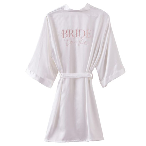 White dressing gown with Bride to be embroided on the back.