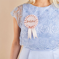 The rosette badge worn by a girl in a blue dress.
