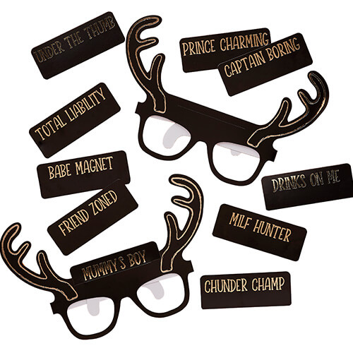 A pack of glasses with a selection of names to stick on.