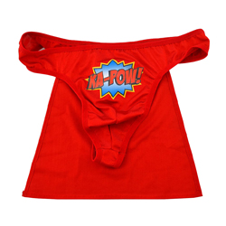 The bright red superhero thong against a white background.
