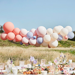 Balloon arch against a blue sky with green grass underneath.