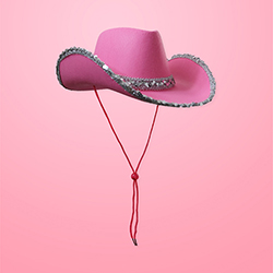 A pink cowboy hat with a sparkly silver trim. 