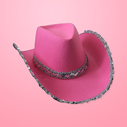 A pink cowboy hat with a sparkly silver trim. 