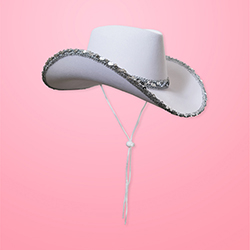 A white cowboy hat with a sparkly silver trim.