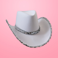 A white cowboy hat with a sparkly silver trim.