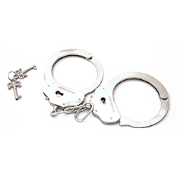 Classic Metal Handcuffs On White Background