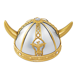 Model Wearing Gold And Silver Viking Helmet