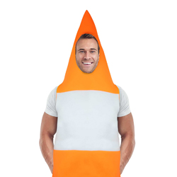 Close up of man wearing Traffic Cone Costume on a white background