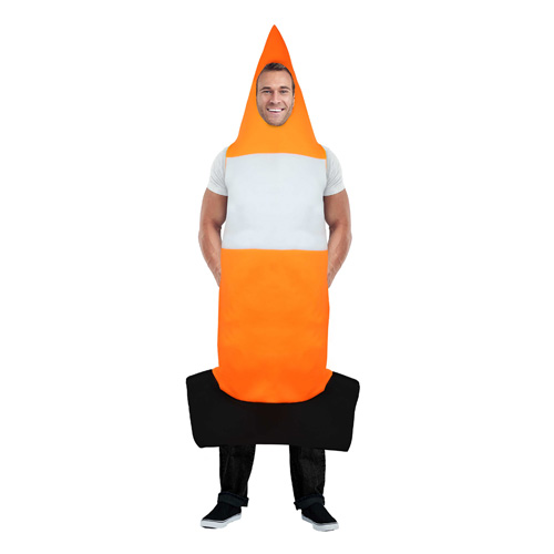 Man wearing Traffic Cone Costume on a white background