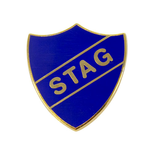 Vintage blue Stag Shield badge on a white background