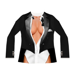 Front of Faux Cleavage Tuxedo shirt on a white background