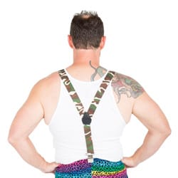 An image of a man from the back wearing camouflage braces which hold shots 