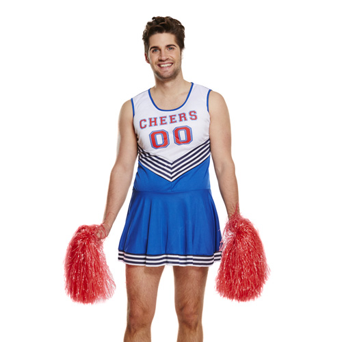 Man dressed in male cheerleader costume isolated on white background.