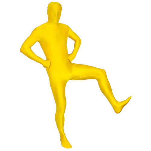 In a Morphsuit with his left foot in the air
