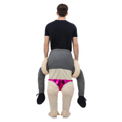 A back view of a man wearing a piggyback stripper costume which is a costume where it looks like you are getting a piggyback from a blonde stripper that has several dollar bills tucked into her thong