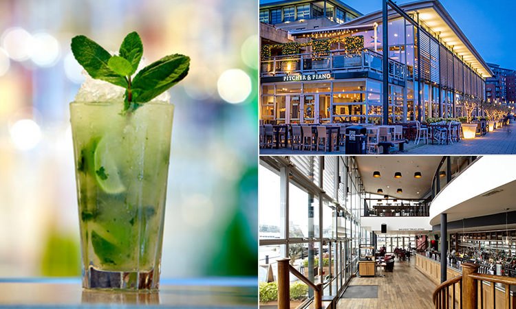 Three tiled images of Pitcher & Piano, Newcastle - including one of a cocktail, one of the exterior at night and another of the interior