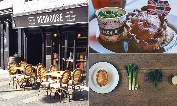 Three tiled images of Redhouse, Newcastle - including a plate of pie, mash and peas, the outdoor seating and exterior and a pie, next to ingredients, on a wooden table