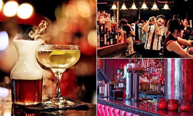 Three tiled images of Popolo, Newcastle - including one of two cocktails, one of a bartender making a cocktail behind the bar and another of the red bar