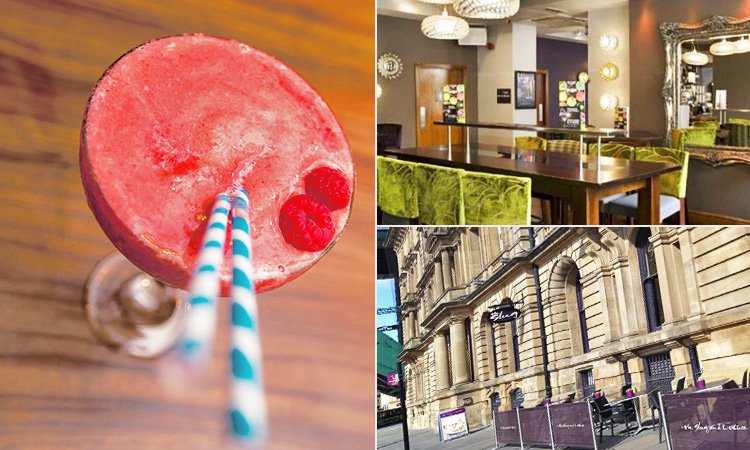 Three tiled images of the Slug and Lettuce, Newcastle - including one of a red cocktail, the exterior of the pub and the interior